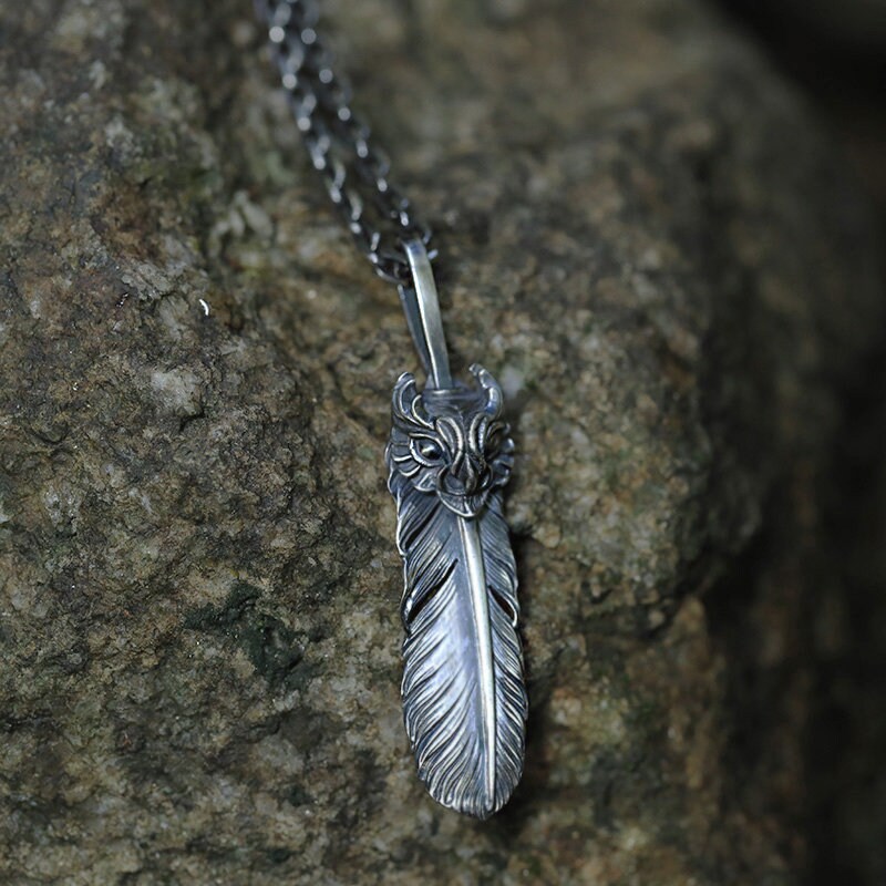 Owl Pendant Necklace Men | Silver Feather Necklace | Owl Necklace ...