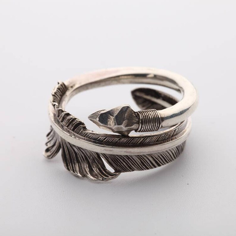 silver arrow ring sterling silver feather ring, Native America Indian jewelry, boho rings for women, unisex jewelry, red tailed hawk totem image 3