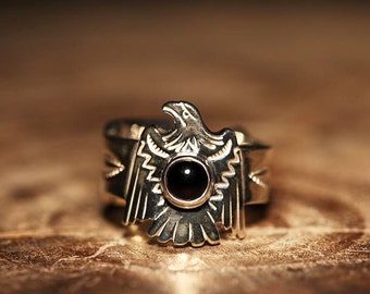 Handmade Silver Thunderbird Ring | Bold Eagle Spirit Ring with Black Onyx | Vintage Tribal Jewelry for Men | Southwest Boho Statement Ring