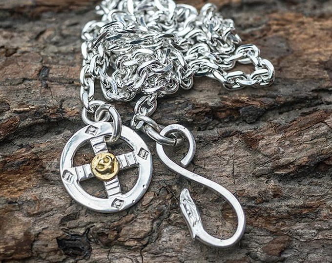 Handmade Sterling Silver Eagle Cross Necklace, Tribal Jewelry, Mens Vintage Necklace with Hook Clasp and Gold Accent, Eagle Necklace Women