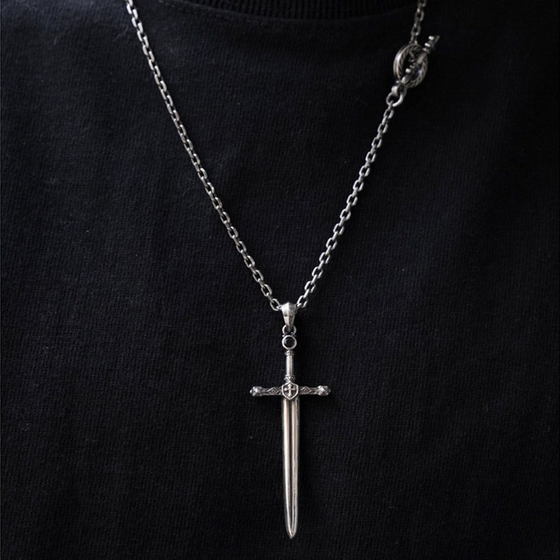 Sterling Silver Sword Pendant For Men Silver Dagger Pendant Medieval Sword Jewelry Warrior Necklace Cross Charm Gold Dagger Necklace image 9