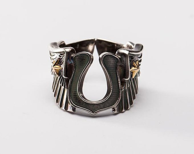 Sterling Silver Horseshoe Ring and Angel Wing Ring - Mens Biker Ring with 18K Gold Star - Unique Good Luck Signet for Motorcycle Enthusiasts