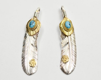 Sterling Silver Feather Pendant with Turquoise and Gold Detail, Native American Inspired Jewelry, Handcrafted Boho Necklace, Double Feather