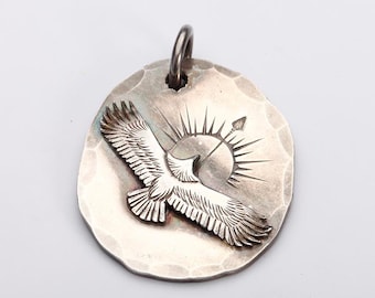 Silver Eagle Rising Sun Pendant, Handcrafted Sterling Silver Amulet, Symbol of Freedom and Strength, Artisan Gift for Him, Tribal Jewelry