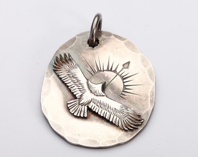 Silver Eagle Rising Sun Pendant, Handcrafted Sterling Silver Amulet, Symbol of Freedom and Strength, Artisan Gift for Him, Tribal Jewelry