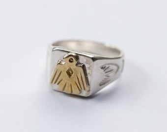 Handcrafted Thunderbird Ring - Native American Inspired Silver and Gold Ring for Men | Sterling Silver Boho Tribal Ring |Unique Mens Jewelry