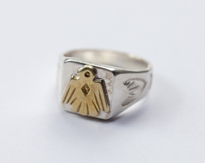 Handcrafted Thunderbird Ring - Native American Inspired Silver and Gold Ring for Men | Sterling Silver Boho Tribal Ring |Unique Mens Jewelry