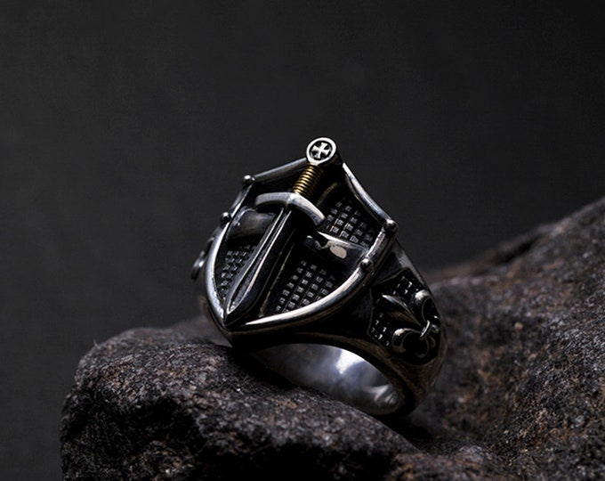 Handmade Sterling Silver Sword Ring for Men | Shield and Fleur-de-lis Warrior Ring | Bold Medieval Knight Jewelry | Excalibur Ring For Him