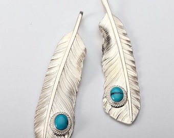 Sterling Silver Feather Pendant with Turquoise Gem | Native American Inspired Necklace | Boho Charm for Men and Women | Eagle Feather Charm