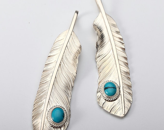 Sterling Silver Feather Pendant with Turquoise Gem | Native American Inspired Necklace | Boho Charm for Men and Women | Eagle Feather Charm