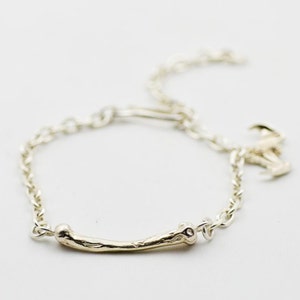 Handmade Silver Charm Bracelet for Women | Sterling Silver Chain Link Bracelet with Bone Charm and Flying Bat | Minimalist Gothic Jewelry
