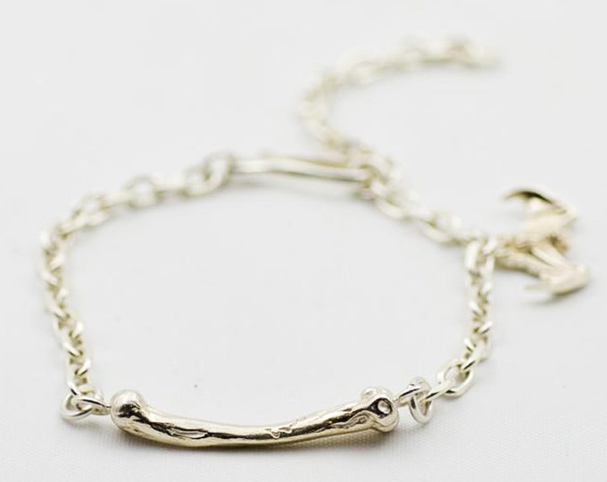 Silver Charm Bracelet | Chain Link Bracelet | Bone Charm Bracelet | Bat Charm | Gothic Bracelet | Silver Chain Link | Fish Hook Charm