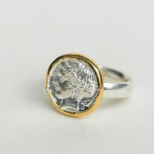 Ancient Greek Coin Ring for Men | 24K Gold and Sterling Silver Ring | Historic Alexander Coin Ring | Statement Jewelry for Women Signet Ring