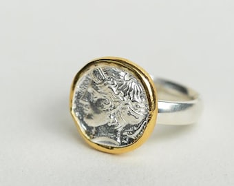 Ancient Greek Coin Ring for Men | 24K Gold and Sterling Silver Ring | Historic Alexander Coin Ring | Statement Jewelry for Women Signet Ring