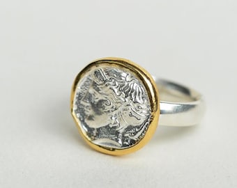 ancient Greek ring men, 24k gold ring men, mens signet ring gold, silver coin ring for women, unique gifts for her, mens pinky ring unisex