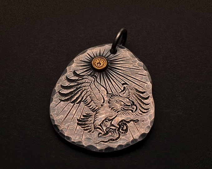Preying Eagle Pendant with “Don’t Tread on Me” Symbol, Sterling Silver and 18K Gold Accent, US Navy First Navy Jack, Gadsden Eagle Pendant