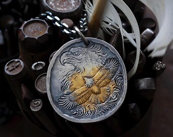 Soaring Sterling Silver Eagle Pendant with 24k Gold, Detailed Engraved Disk Pendant, Gold Eagle Necklace for Him, Handmade Hawk Jewelry