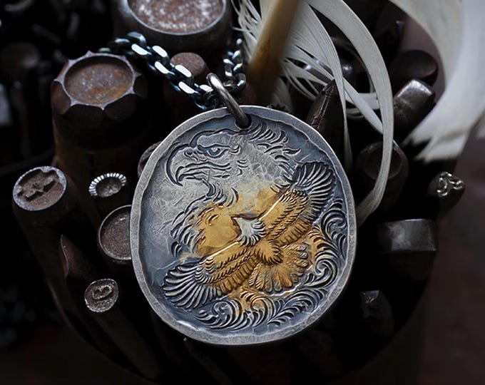 Soaring Sterling Silver Eagle Pendant with 24k Gold, Detailed Engraved Disk Pendant, Gold Eagle Necklace for Him, Handmade Hawk Jewelry