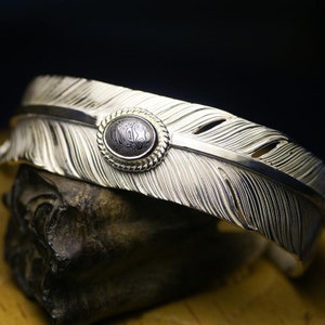 sterling silver feather cuff bracelet men, tribal jewelry for men, Damascus steel bracelet, unique gifts for him, Native Americans jewelry image 1