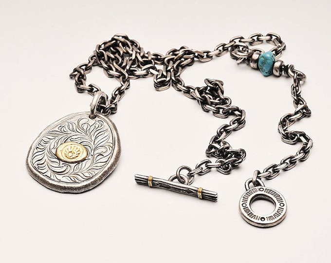 Handmade Mens Silver Pendant Necklace with Floral Design, Sterling Silver with Gold Accent, Two Tone Pendant Eagle, Artisan Jewelry for Him