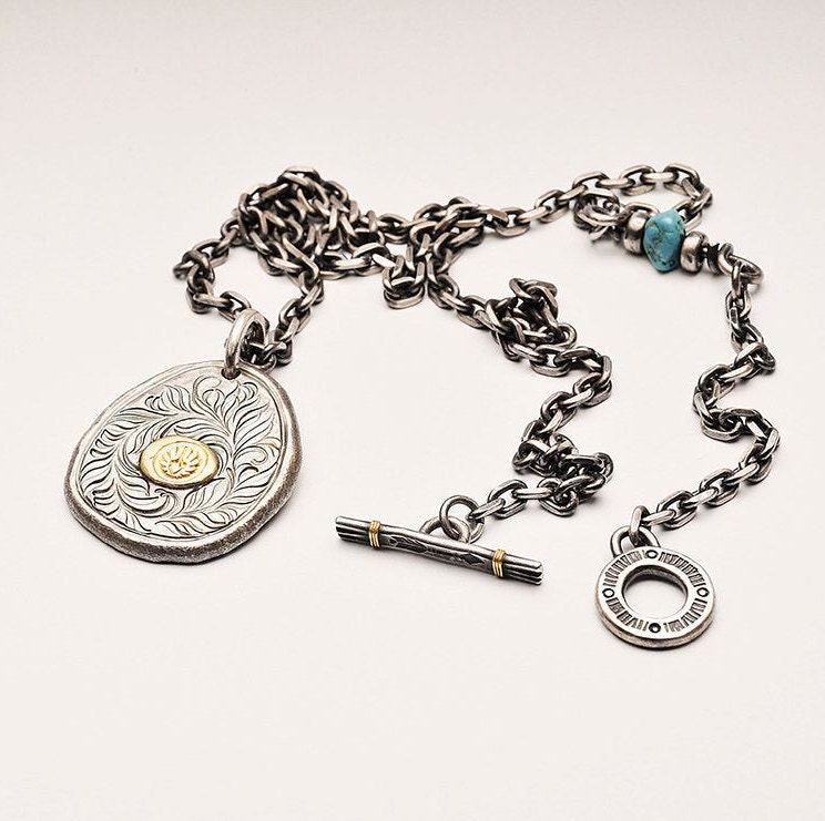 Mens Silver Pendant Necklace | Flower Pendant Chain Necklace | Two Tone ...