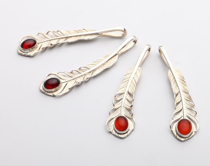 Handmade Sterling Silver Feather Pendant with Gemstone – Native American Inspired Jewelry, Turquoise, Red Onyx and Garnet Phoenix Necklace
