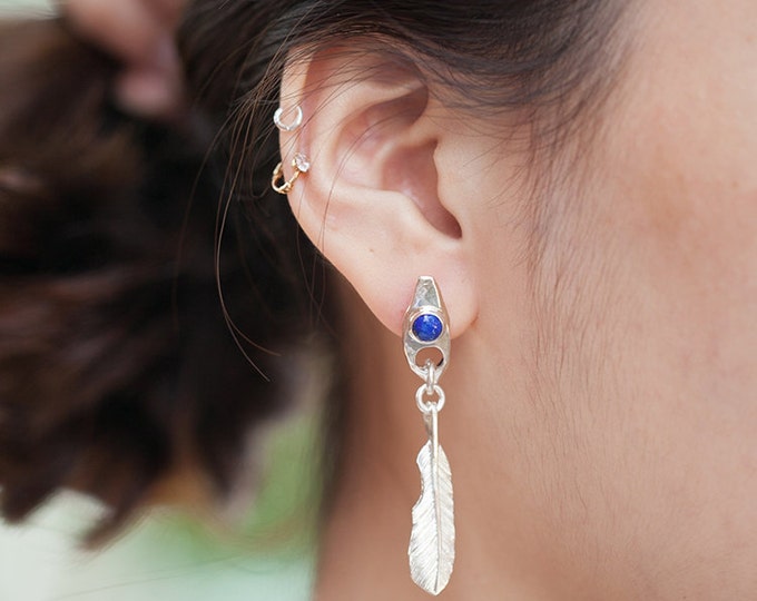 Silver Feather Earring | Tribal Style Earring | Ethnic Dangle Earring | Boho Silver Earring | Eagle Feather Earring | Lapis Lazuli Earring