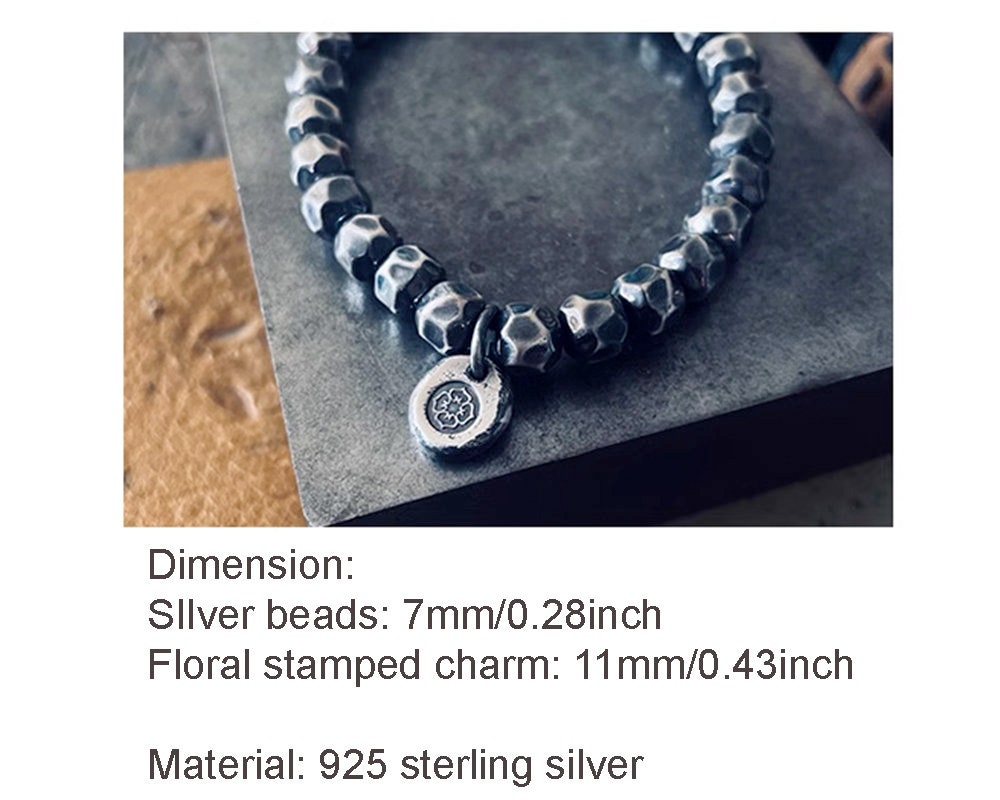 Sterling Silver Beads Bracelet, Hammered Bracelet For Him