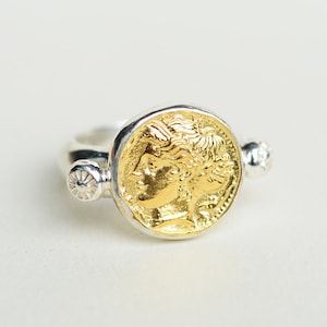 Ancient Greek Coin Ring - Sterling Silver and Gold Coin Ring, Unique Ancient Jewelry for Women, Vintage Greek Goddess Statement Ring Signet