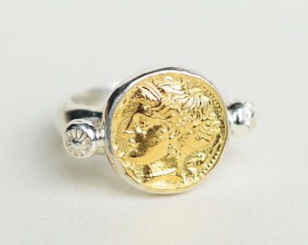 Ancient Greek Coin Ring - Sterling Silver and Gold Coin Ring, Unique Ancient Jewelry for Women, Vintage Greek Goddess Statement Ring Signet