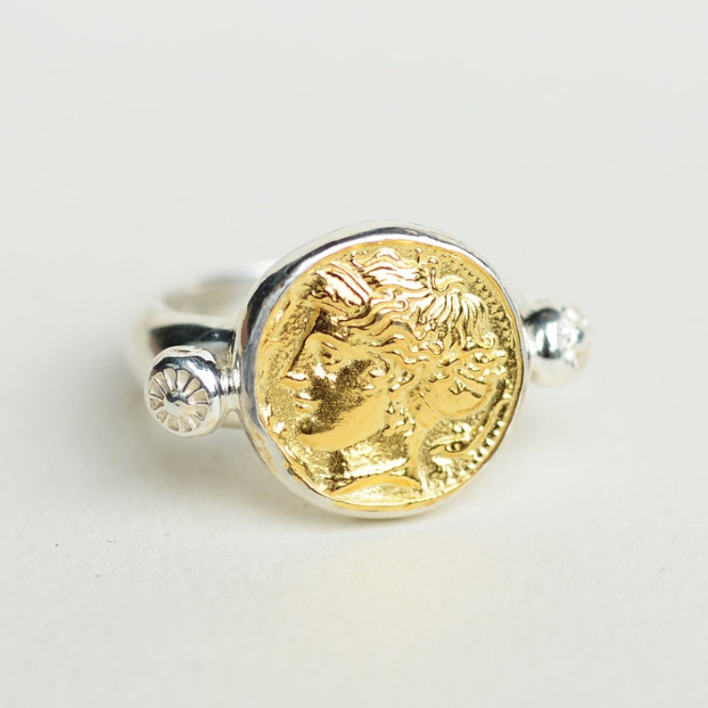 ancient Greek coins ancient jewelry replica coin ring men, signet ring gold, mens statement ring, history gifts for him, mens pinky ring image 1
