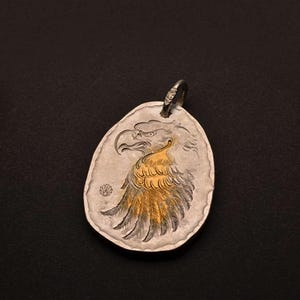 Soaring Eagle Pendant, Sterling Silver Bald Eagle Pendant, AU999 24k Gold Accent, Handmade Solid Gold Eagle Pendant | Eagle Jewelry for Him