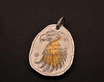 Soaring Eagle Pendant, Sterling Silver Bald Eagle Pendant, AU999 24k Gold Accent, Handmade Solid Gold Eagle Pendant | Eagle Jewelry for Him