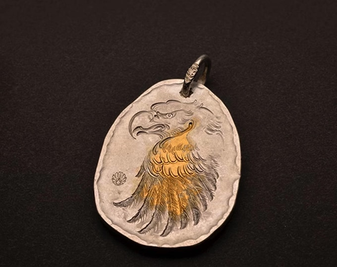 Soaring Eagle Pendant, Sterling Silver Bald Eagle Pendant, AU999 24k Gold Accent, Handmade Solid Gold Eagle Pendant | Eagle Jewelry for Him