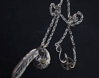 Sterling Silver Feather Necklace with Eagle Charm – Handmade Nature Inspired Thunderbird Pendant for Men