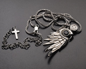 Silver Eagle Wing Necklace – Gothic Cross Pendant with Black Onyx, Handmade Angel Remembrance Jewelry