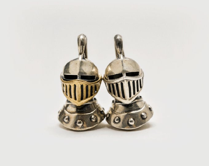 Medieval Silver Knight Pendant Necklace, Sterling Silver & Gold Helmet Charm, Mens Jewelry Gift, Silver Knight Necklace, Warrior Necklace