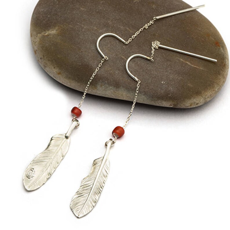 Silver Feather Earrings Threader Earrings Dangle Tribal Etsy