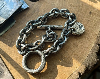 Rustic Sterling Silver Mens Bracelet, Chunky Handmade Chain Bracelet Antique Finish Bold Statement Jewelry for Men, Hammered Rugged Bracelet
