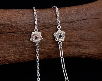 Dainty Flower Bracelet for Women, Sterling Silver Floral Bracelet, Delicate Gemstone Charm, Minimalist Layering Bracelet Women Rose Bracelet