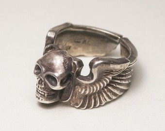 Sterling Silver Skull Ring with Wings - Biker Gothic Ring for Men, Unique Silver Jewelry, Edgy Statement Ring, Handmade Punk Jewelry Gift