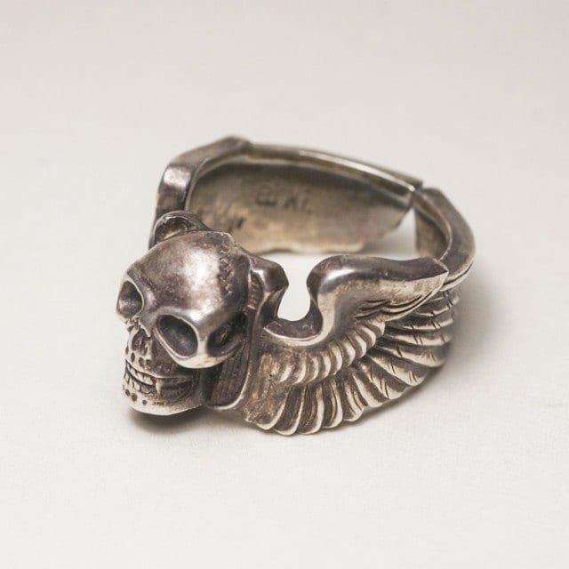 Sterling silver Skull ring 13 Outlaw Biker symbol on Vampire Skull with  Green enamel high polished