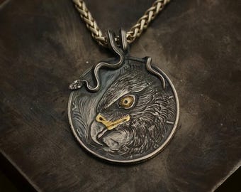 Silver Walking Liberty Eagle Pendant – 18k Gold Accent Coin Necklace with Snake Bail Jewelry