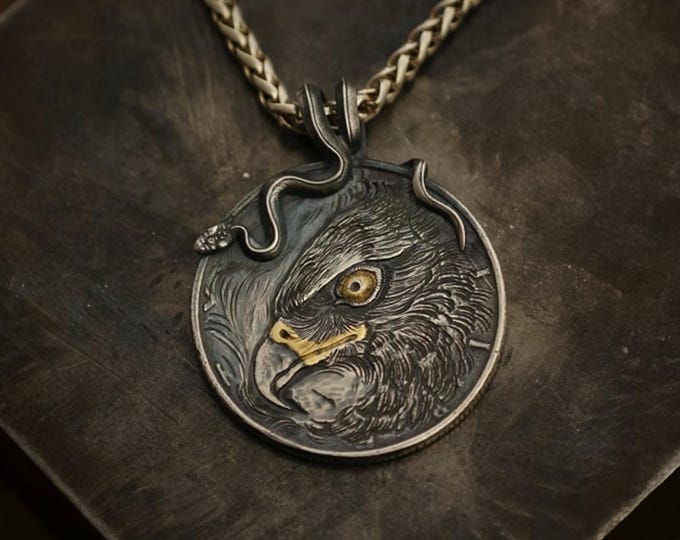 Walking Liberty Eagle Pendant, 18K Solid Gold on Eyes and Beak, Silver Eagle Coin Pendant with Snake Bail, Handmade Jewelry for Collectors