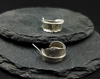 Sterling Silver Feather Hoop Earrings, Handmade Nature-Inspired Jewelry, Eagle Feather Earrings for Women, Lightweight 925 Silver Hoops