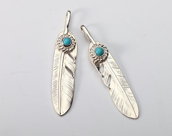 Native American Style Silver Feather Pendant with Turquoise – Handmade Sterling Charm, Boho Jewelry, Silver Turquoise Charm, Feather Charm