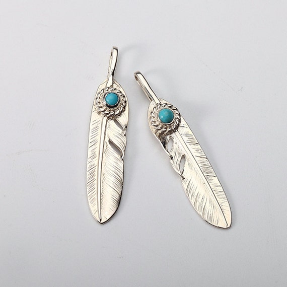 Sterling Silver Feather Pendant with Turquoise Handmade Native American Inspired Boho Charm For Women