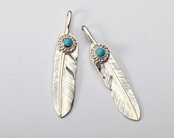 Native American Style Silver Feather Pendant with Turquoise – Handmade Sterling Charm, Boho Jewelry, Silver Turquoise Charm, Feather Charm