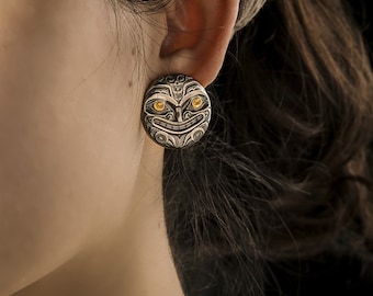 Tribal Face Stud Earrings | Two-Tone Gold & Silver Statement Earrings | Ethnic Handcrafted Jewelry | Unique Gift for Her | Bold Face Studs