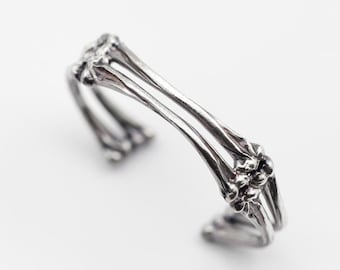 Sterling Silver Bone Cuff Bracelet, Handmade Gothic Skeleton Jewelry for Men and Women, Morbid Skeleton Bangle Bone Wrist Wide Cuff Bracelet